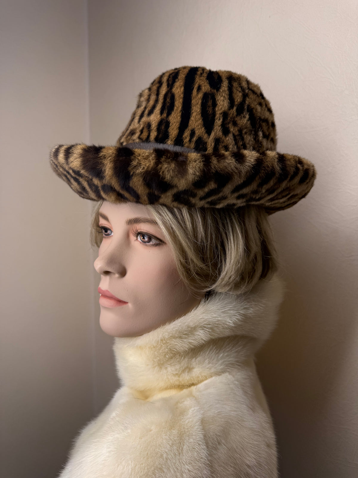Vintage Leopard Print Pelzhut Echtpelz Damen Hut Animal Print Braun Schwarz Winter Fedora Luxury