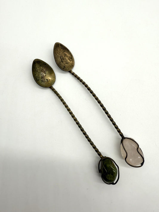 K25C40-2 ANTIKE SILBER LÖFFEL MIT NATURSTEIN - VINTAGE MOKKALÖFFEL